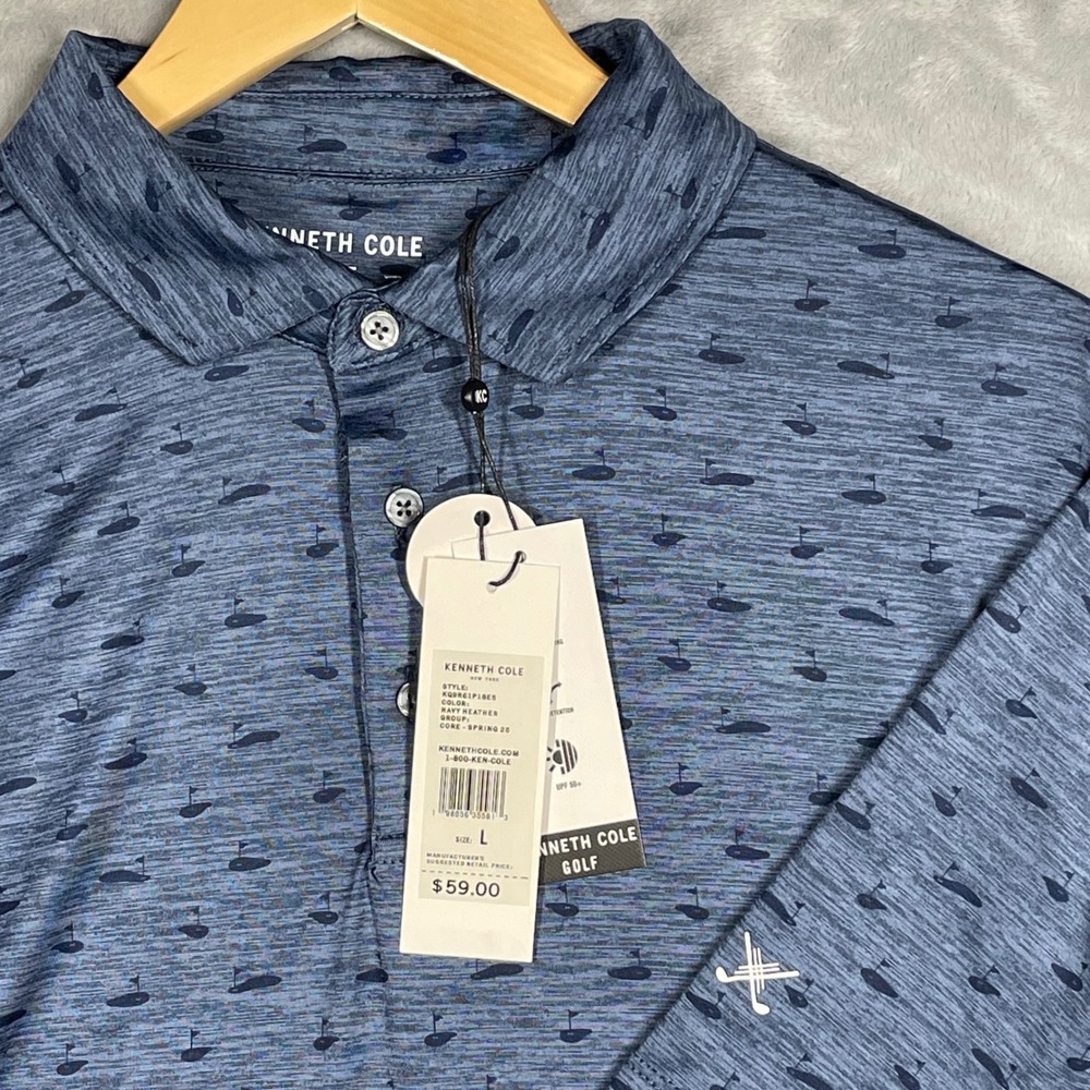 Kenneth Cole Golf Mens Polo Shirt Navy Heather Golf Print KQ9R61P18E5 Large NWT